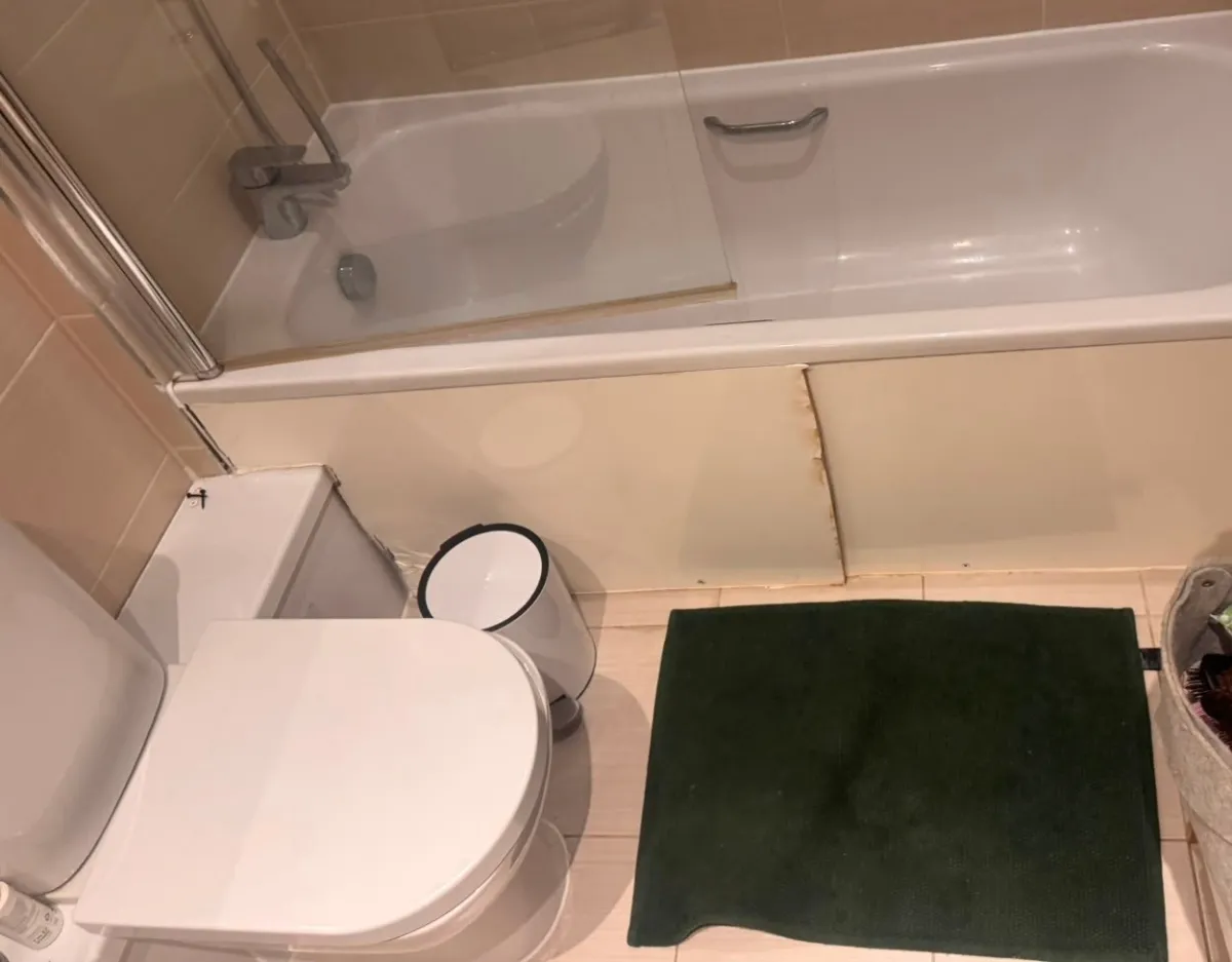 White bath with a brown stain running down the join between two side panels, beside a toilet and a green mat