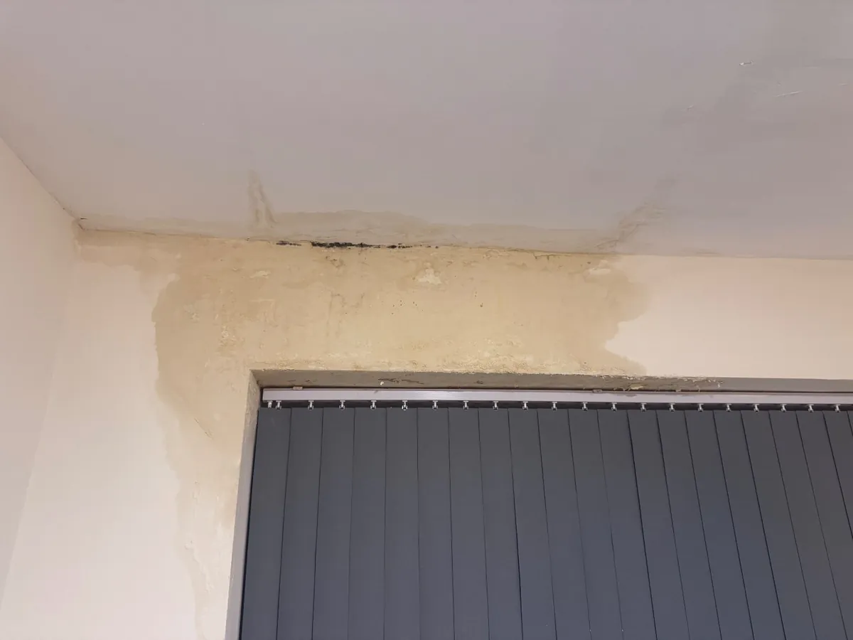 Brown water staining spreading across a ceiling corner and down a wall above a grey vertical blind
