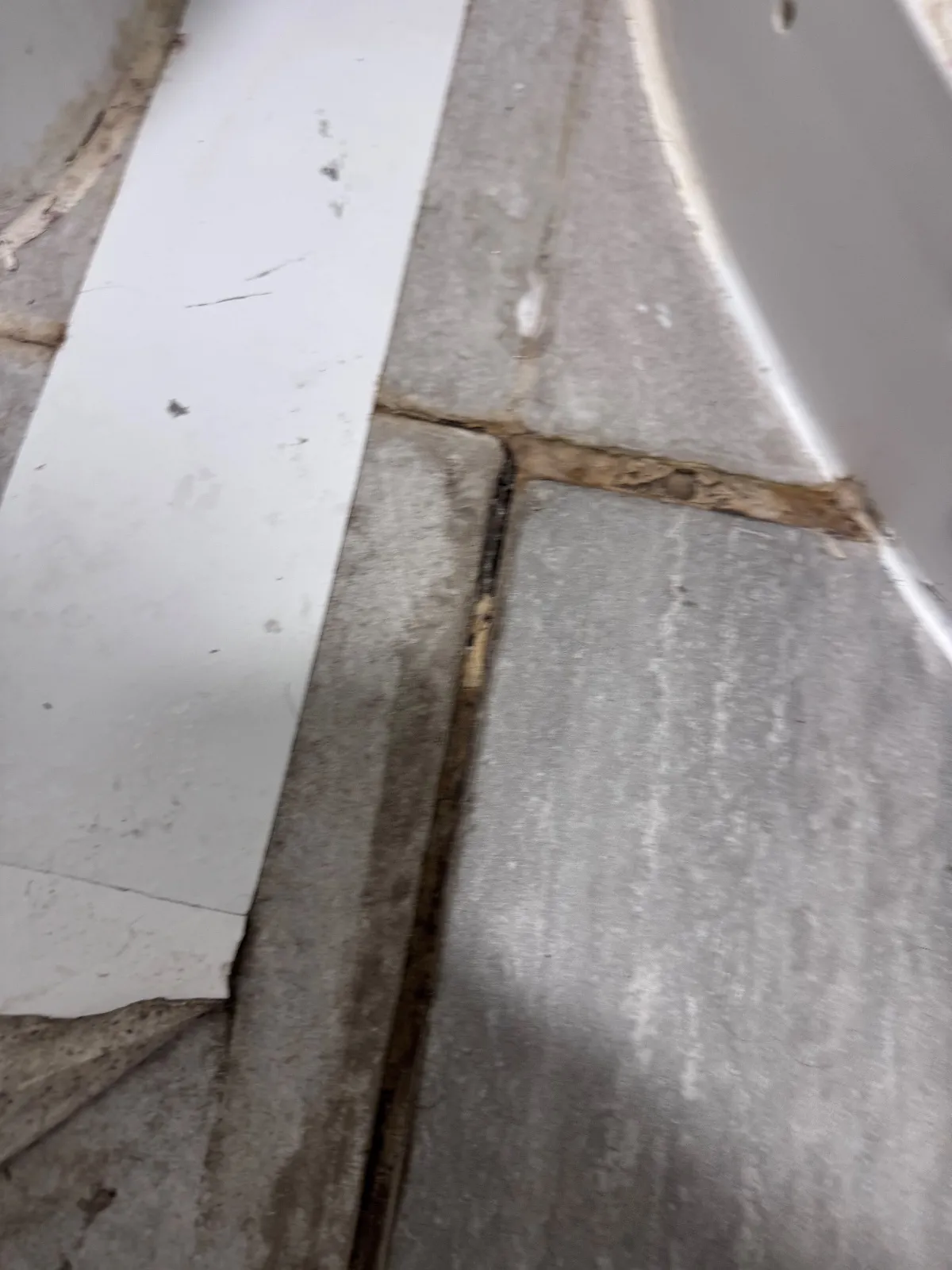 Open, stained joint between grey floor tiles running up to the curved side of a shower tray
