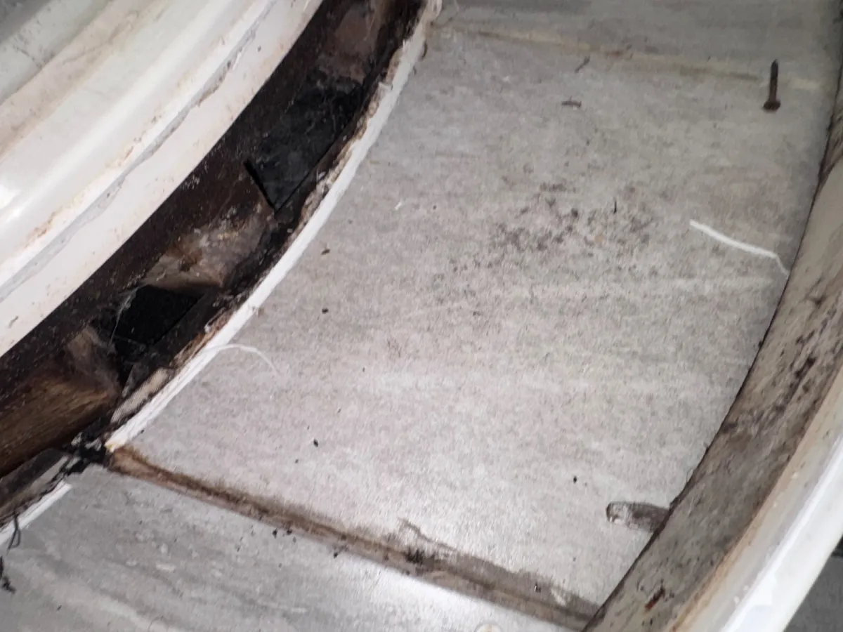 Dark rotted timber in the gap beside the raised edge of a shower tray, with a rusty nail above the floor tiles