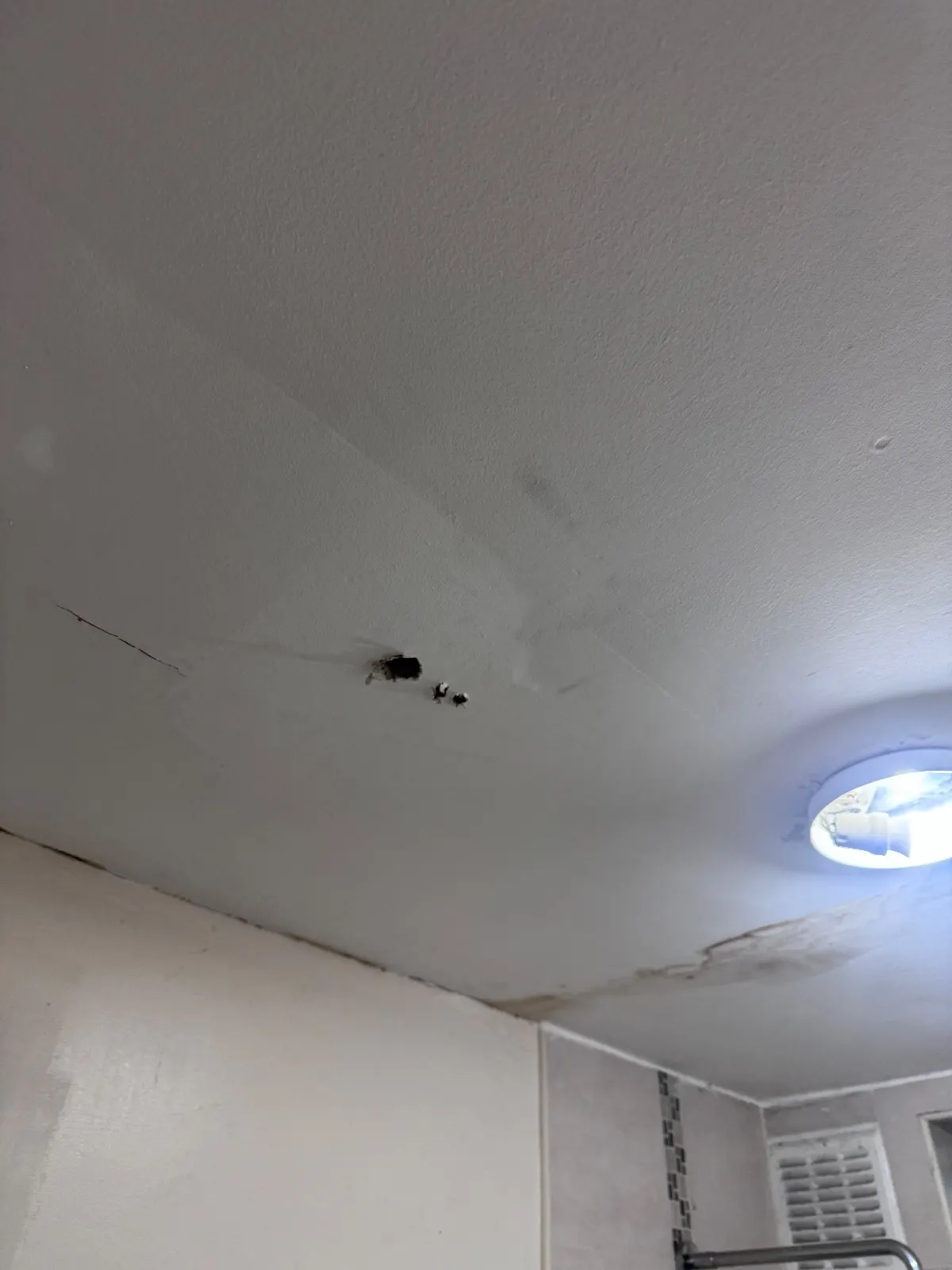 Bathroom ceiling with three small holes and a faint stain, a light fitting and a shower arm visible