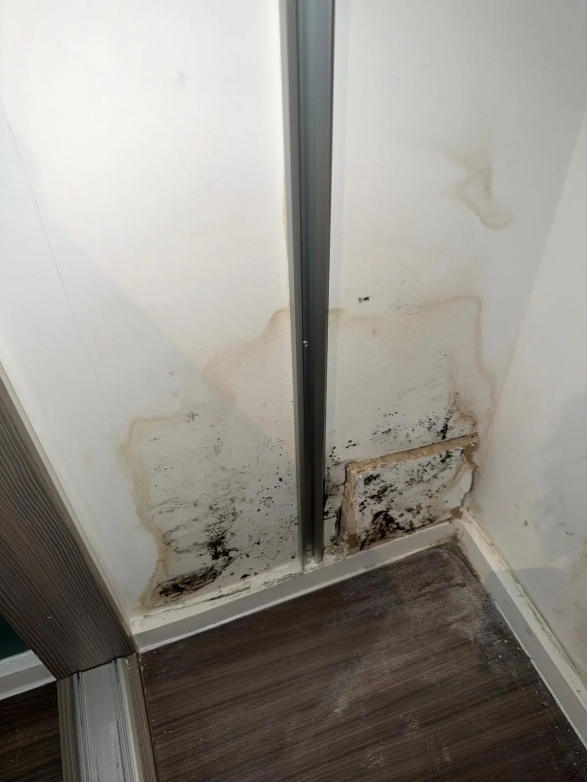 Cut-out in a stained plasterboard wall beside a sliding door track, with black mould spots and brown tide marks around it