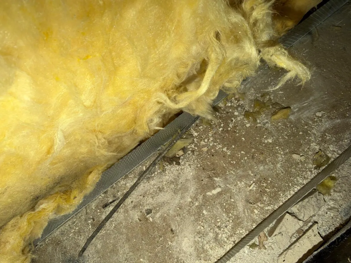 Yellow insulation inside a wall cavity beside a metal stud, with plaster dust and debris on the base plate below